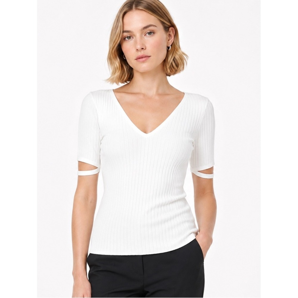 HELMUT  LANG White Ribbed Pima Cotton V‎ Neck Knit Top Women's Size M